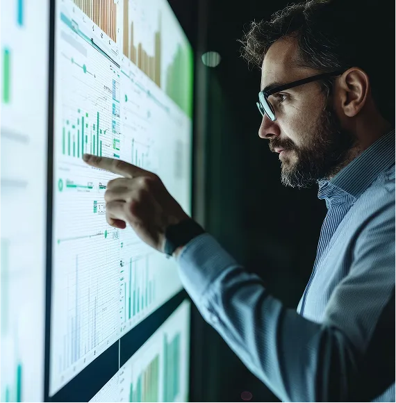 Person analyzes interactive dashboards with charts and metrics on large screen in dark office environment; focus on data analysis, business intelligence and digital strategy.
